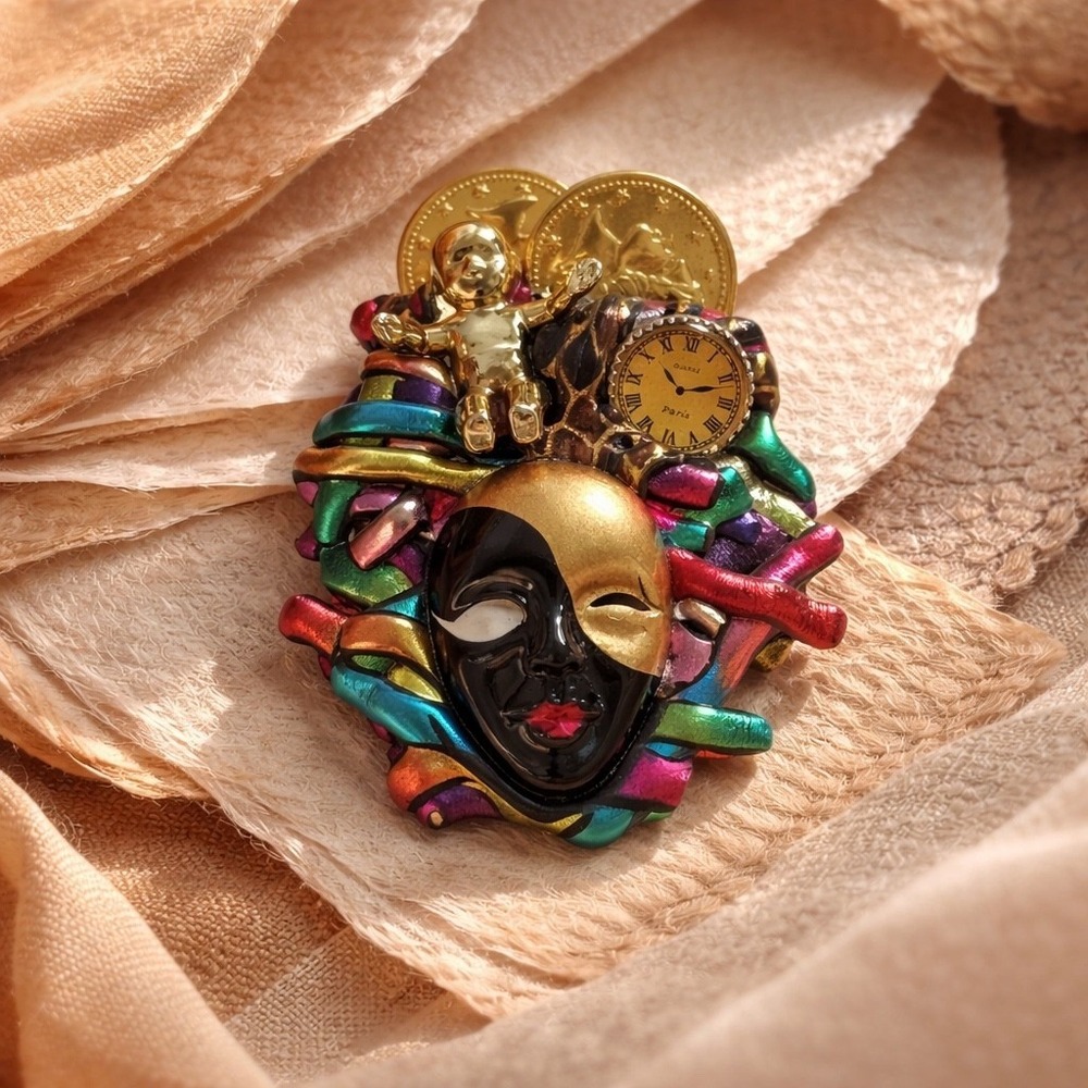 Harlequin Mask Brooch Multi Color Metallic Cherub Watch‎ Coin Statement Handmade